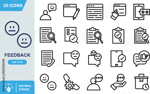 Simple line icons representing neutral or indifferent user feedback and satisfaction levels for digital interfaces on white background