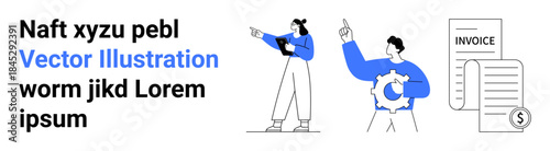 Two individuals pointing towards concepts of financial planning, holding a gear and an invoice. Ideal for teamwork, management, strategy, business, finance, analytics, simple landing page