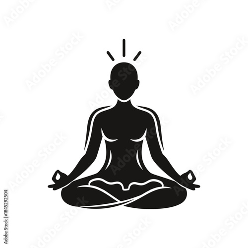 Person meditating in lotus position with energy symbol above head