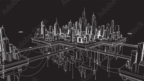 Intricate line art cityscape featuring futuristic skyscrapers and elevated roadways.