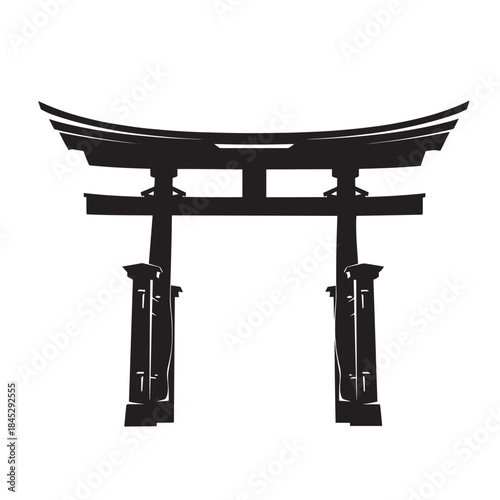 Silhouette of a traditional Japanese torii gate against a white background.