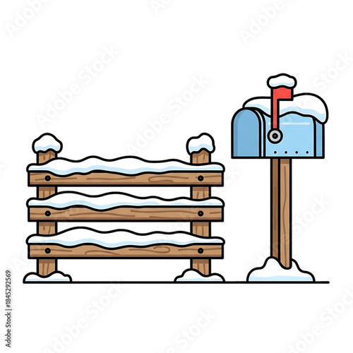 Wooden snowy fence with a mailbox nearby.