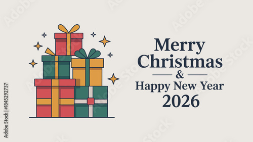 Merry Christmas and Happy New Year 2026 celebration with gifts