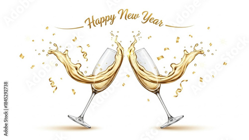Realistic New Year Celebration with Champagne Glasses Clinking, Golden Splash, Confetti and Elegant Script Vector Illustration