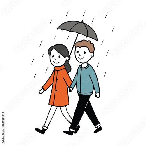 A romantic couple embraces under the gentle rain, sharing warmth and smiles, as raindrops create a dreamy, heartfelt moment of love and togetherness.
