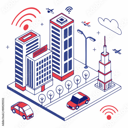 Modern smart city infrastructure with communication network and urban connectivity