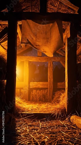 Nativity Stable Interior with Warm Light and Starry Night Sky