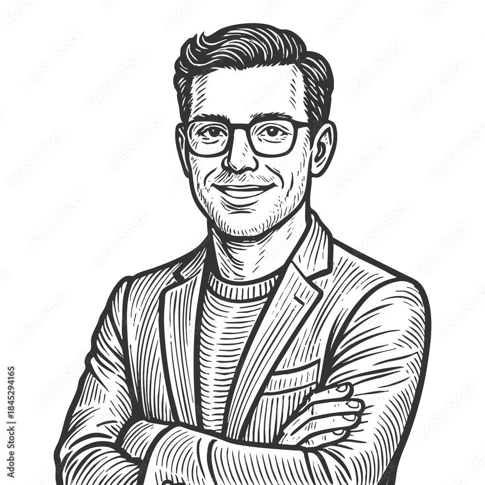 Obraz premium smiling male product manager in glasses and blazer with arms crossed sketch engraving generative ai fictional character raster illustration. Scratch board imitation. Black and white image.