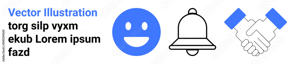 Fototapeta premium Communication, teamwork, alerts, notifications, user interface, engagement. Blue happy face, bell icon and handshake graphic. Communication and teamwork concepts through icons