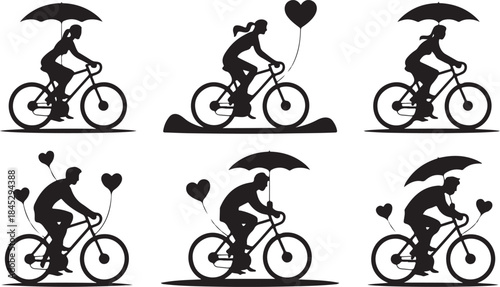 Cyclist silhouettes with umbrellas and heart balloons on white background bicycle
