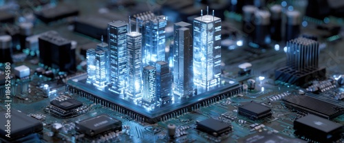 Miniature glowing city sits atop a complex electronic circuit board.