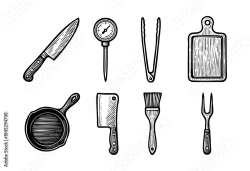 A collection of essential kitchen and barbecue tools, hand-drawn in a classic engraving or woodcut style, isolated on a white background — stock vector.