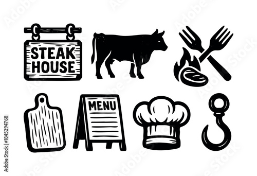 A collection of hand-drawn style icons representing a steakhouse, including a bull, chef's hat, menu, grilled steak, and signage — stock vector.