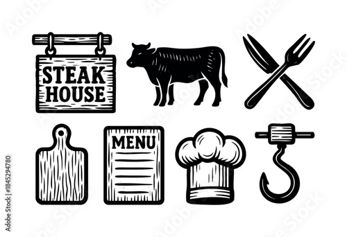 A set of vintage-style black and white vector icons representing steakhouse and butcher shop elements, featuring a cow, cutting board, chef hat, cutlery, and menu board — stock vector.