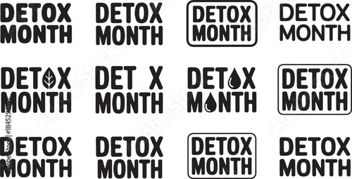 Diverse black and white typography icons for Detox Month with subtle graphic elements text lettering