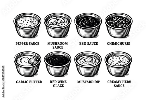 An illustrative set of various culinary sauces and dips, depicted in a detailed monochrome woodcut style, perfect for food-related designs — stock vector.