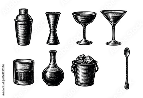 A collection of vintage-style bar tools and glassware, hand-drawn in a classic engraving technique on a white background — stock vector.