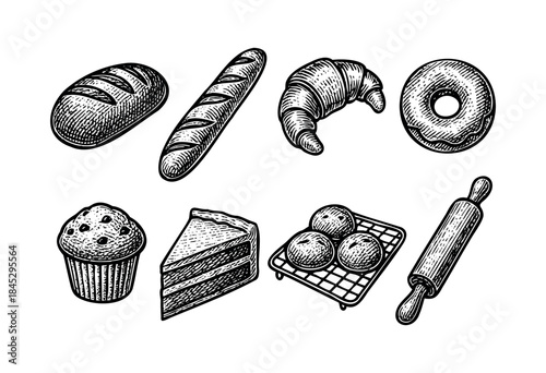 A collection of hand-drawn vintage-style illustrations featuring various baked goods like bread, croissants, donuts, cake, muffins, and a rolling pin — stock vector.