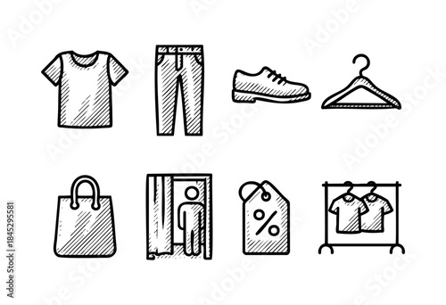 A collection of engraved style icons representing clothing store items and services like shirts, pants, shoes, hangers, bags, fitting rooms, and sale tags.