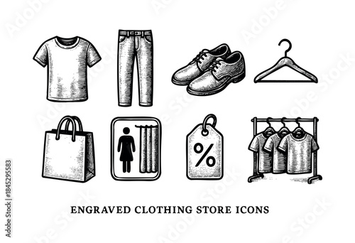 A collection of hand-drawn, engraved style vector icons representing various elements of a clothing store, including apparel, accessories, and shopping concepts. — stock vector.
