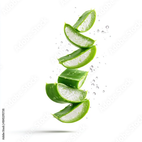 Fresh Green Aloe Vera Slices Floating with Water Droplets on White