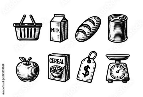 Set of engraved style icons featuring grocery shopping items like a basket, milk, bread, can, apple, cereal, price tag, and scale. Perfect for food blogs, healthy eating, and shopping concepts.