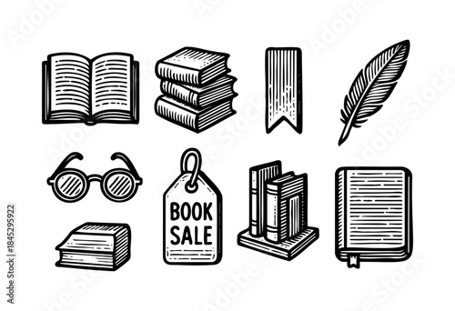 A collection of vintage-style hand-drawn vector icons depicting books, reading accessories, and literary symbols perfect for education, libraries, or bookstore themes — stock vector.