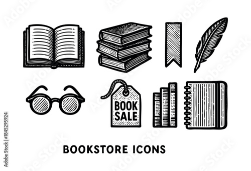 A collection of vintage-style hand-drawn black and white icons representing books, reading, and library elements, perfect for literary or educational themes. — stock vector.