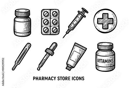 A set of hand-drawn sketch icons depicting various pharmacy and medical supplies, including pills, a syringe, a thermometer, and bottles, isolated on white — stock vector.