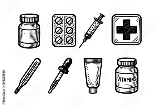 A collection of hand-drawn medical and pharmacy items, including bottles, pills, syringe, thermometer, and cross, rendered in a vintage sketch style on a white background — stock vector.