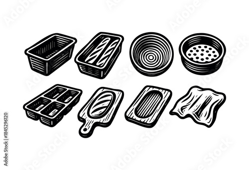 A collection of vintage-style black and white illustrations depicting various kitchen, baking, and food preparation tools and containers in a classic woodcut aesthetic — stock illustration.