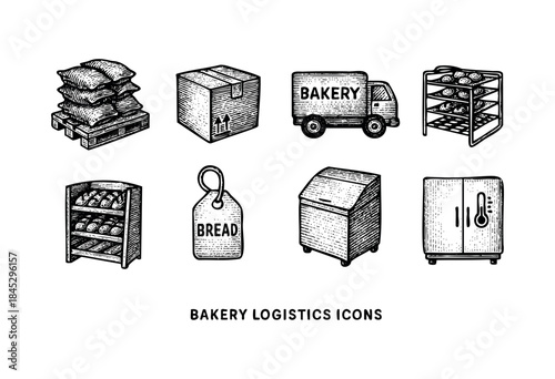 A collection of hand-drawn vintage-style icons representing the complete bakery logistics and supply chain, from ingredients to fresh product delivery and storage — stock vector.