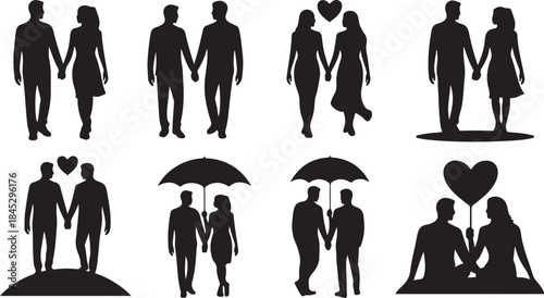 Eight black silhouette illustrations of couples in romantic poses with hearts and umbrellas Keywords: couple, love, romance, silhouette, black, people, man, woman, holding hands, walking, standing
