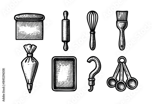 A collection of monochrome baking and kitchen tools like a whisk, rolling pin, and piping bag, depicted in a hand-drawn vintage engraving style on a white background — stock vector.