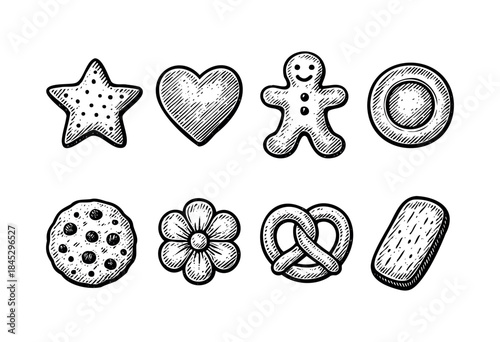 A set of delicious cookies and biscuits in various shapes, hand-drawn in a vintage engraved sketch style on a white background — stock vector.