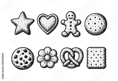 A set of delicious cookies and biscuits in various shapes, hand-drawn in a vintage engraved sketch style on a white background — stock vector.