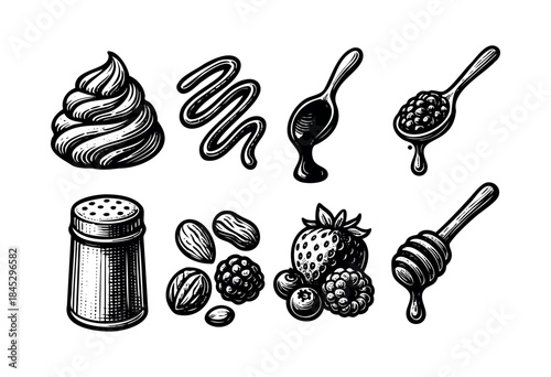 A collection of hand-drawn culinary elements, including dessert toppings, spices, fruits, and condiments in a classic vintage engraving style — stock vector.