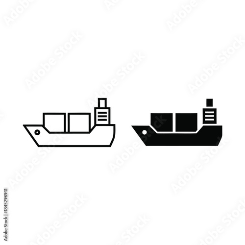 Cargo Ship Icons: White and Black Container Ship Vector Graphics for Transporting Goods Across Water