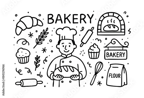 A charming hand-drawn doodle collection featuring a happy baker, fresh bread, delicious pastries, and various baking tools in a monochrome style — stock vector.