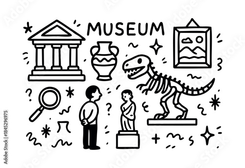 A playful black and white doodle illustration depicting various museum elements like a dinosaur skeleton, ancient artifacts, and a visitor, alongside the word "MUSEUM" — stock vector.