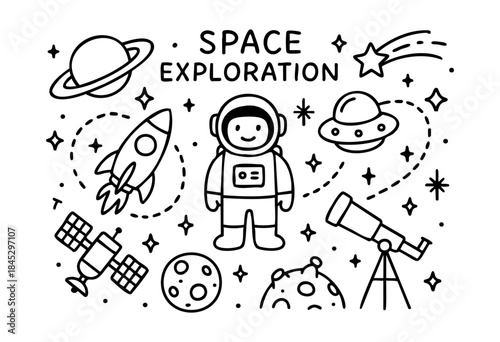A charming hand-drawn outline illustration depicts a cheerful astronaut surrounded by planets, a rocket, a UFO, stars, and a telescope, embodying the spirit of space exploration — stock vector.