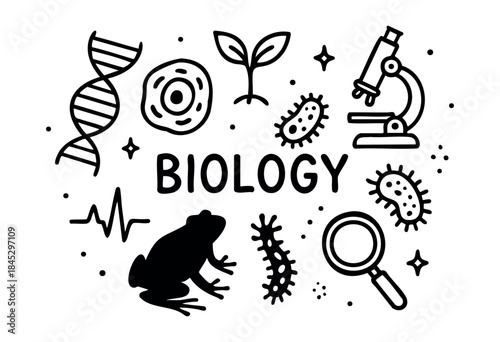 A collection of hand-drawn biology and science-related doodle icons with the word "BIOLOGY" on a white background — stock vector.