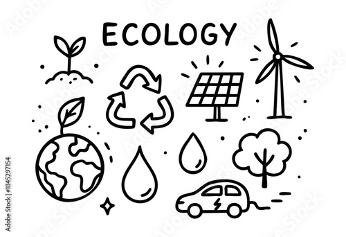 A collection of hand-drawn black and white icons representing ecology, including the earth, trees, wind turbines, solar panels, and recycling symbols.
