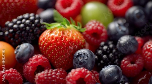 Close-Up of a Vibrant Mix of Fresh Berries: Strawberry, Raspberry, Blueberry and Blackberry