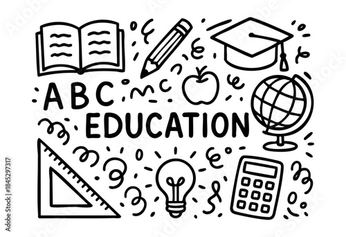 A playful hand-drawn illustration featuring various school and learning elements surrounding the word 'EDUCATION' against a white background — stock vector.