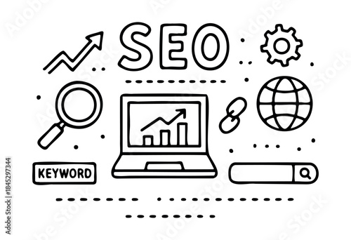 A hand-drawn doodle illustration depicting key concepts of Search Engine Optimization (SEO) including analytics, keywords, search, and global reach for digital marketing strategies — stock vector.