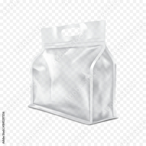 Empty flat bottom side gusseted clear plastic poly bag with die cut handle. Realistic 3d vector mockup. Carrying hole transparent pouch package. Mock-up. Hanging polythene packet. Template for design