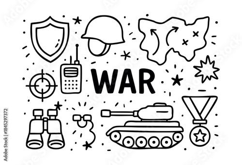 A collection of hand-drawn military and war-related outline icons including a tank, helmet, binoculars, and a map, surrounding the central text "WAR" in a doodle style — stock vector.