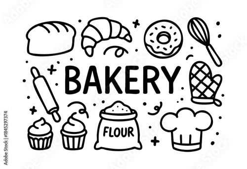 A charming set of simple hand-drawn black and white doodle icons featuring bakery products, baking ingredients, and kitchen tools, with "BAKERY" lettering — stock vector.