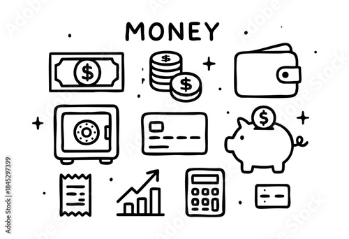 A collection of hand-drawn doodle icons representing various financial concepts and elements like cash, savings, payments, and growth on a white background — stock vector.